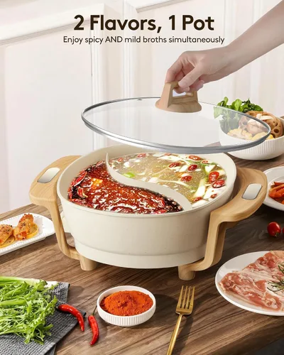 Miniatura 2 de Hot Pot Electric Hot Pot with Divider, Large 6.3QT Nonstick Dual-Sided Shabu Shabu Pot Dual-Flavor hotpot electric 1500W with Adjustable