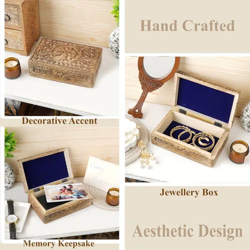 Miniatura 2 de Ajuny Caja de joyería de madera con tallas del árbol de la vida, estuche de viaje para bisutería, caja de almacenamiento hecha a mano, cofre