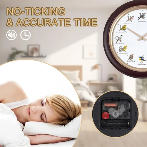 Miniatura 5 de Reloj de pared de pájaro cantante con canciones reales de pájaros de 13.3 pulgadas, movimiento silencioso sin tictac, reloj decorativo de animales
