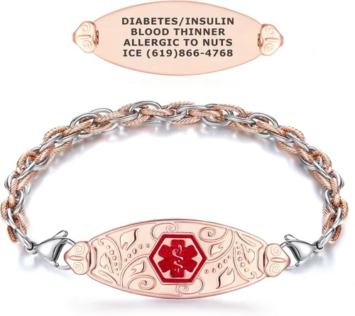 Miniatura 9 de Divoti Pulseras de alerta médica para mujer, pulsera de identificación médica de filigrana de oro rosa PVD grabada personalizada, con malla