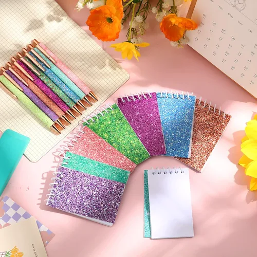 Miniatura 5 de Sherr Juego de 16 bolígrafos y cuadernos con purpurina, mini bloc de notas en espiral, bolígrafos elegantes para niños, niñas, mujeres, lentejuelas