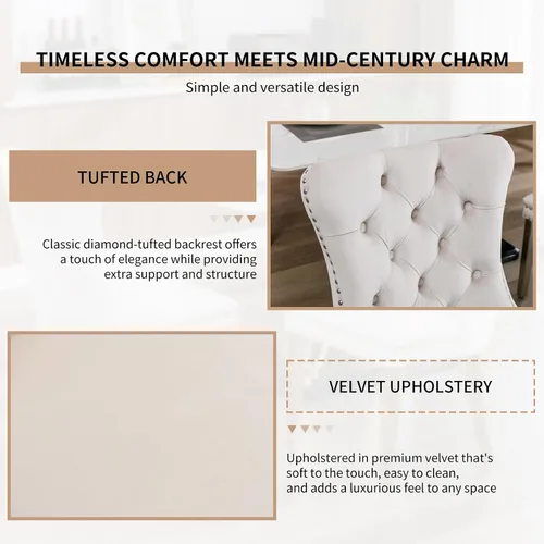 Miniatura 5 de Juego de 2 Sillas de Comedor Modernas de Mediados de Siglo, Tapizadas en Terciopelo Beige con Respaldo Acolchado, Sillas de Cocina y Comedor, Patas