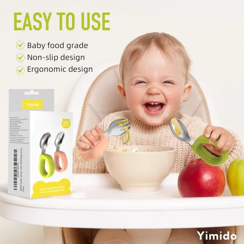 Miniatura 4 de Juego de utensilios para niños pequeños, tenedor y cuchara para bebés con mango de silicona de fácil agarre, cubiertos de acero inoxidable 18/8