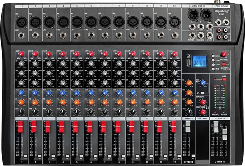 Depensheng DX12 - Interfaz de controlador de sonido DJ con unidad USB para grabación de computadora, mezclador de audio de estudio de 12 canales,