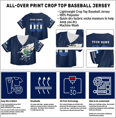 Miniatura 5 de Custom El Salvador Crop Top Baseball Jersey Camisa Salvadoreña Salvadoreña Camisa para Mujer Camisas De El Salvador para Mujer Blc9