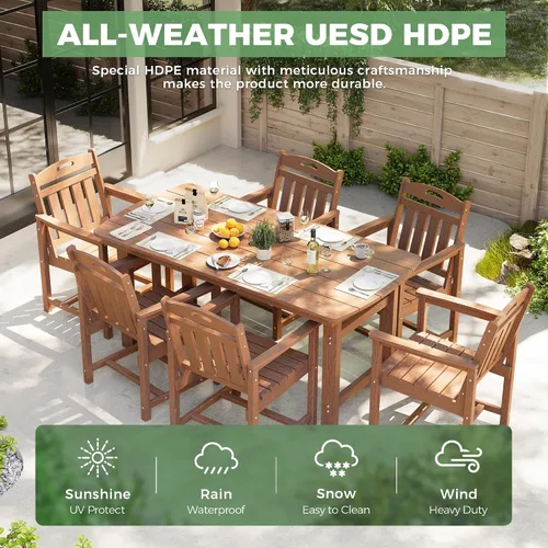 Miniatura 3 de Juego de comedor al aire libre HDPE, mesa exterior de 7 piezas para todo tipo de clima y 6 sillas Teca