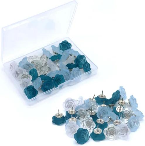 30 pines de presión decorativos de rosas para tablero de corcho, color azul claro y azul profundo, tachuelas para el pulgar para pared, tablón de