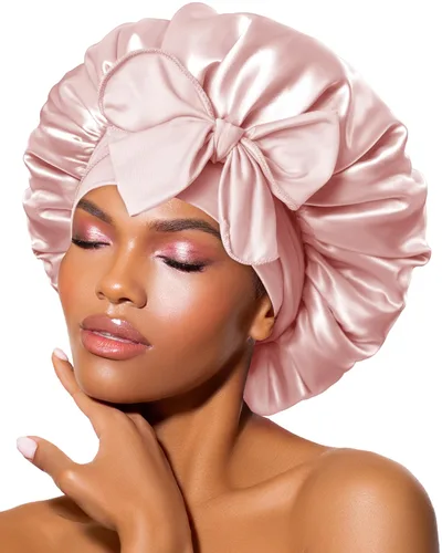 Miniatura 11 de Gorro de satén de seda para dormir con banda ancha para cabello rizado, color rosado oro rosa claro