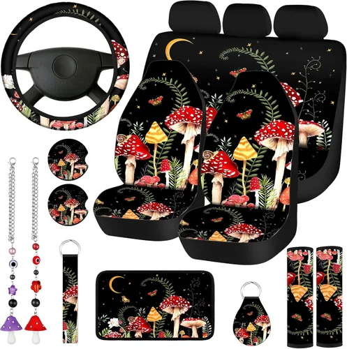 Miniatura 11 de 17 piezas de fundas de asiento de coche con diseño de hongos, accesorios completos para automóviles para mujeres y hombres, protector de asiento