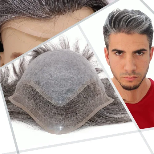 Miniatura 17 de Toupee - Peluca de cabello humano europeo con encaje frontal suizo y línea capilar natural para hombre, con piel sintética, sistema de reemplazo