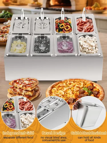 Miniatura 5 de Kalolary Estación de Almacenamiento para 8 Bandejas de Pizza con Tapas, Contenedores de Acero Inoxidable para Condimentos con Cucharas, Juego