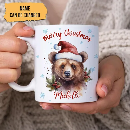 Miniatura 2 de Hyturtle Regalos personalizados para amantes de los osos – Taza de café de cerámica con nombre personalizado de oso con sombrero de Papá Noel