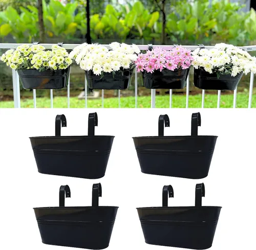 Miniatura 10 de LaLaGreen Maceta de Riel para Plantas de Exterior (11.2 Pulgadas, Paquete de 8) Macetas Colgantes de Hierro Metal Negro Barandillas de Terraza Cubos