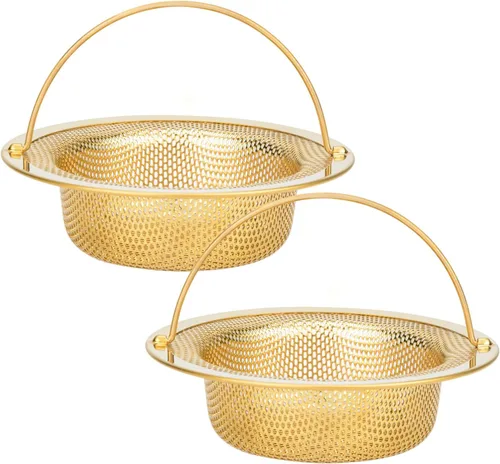 Snailhouse Coladores para fregadero, paquete de 2 cestas de drenaje de malla de acero inoxidable de 4.5 pulgadas con borde ancho y asa, color dorado