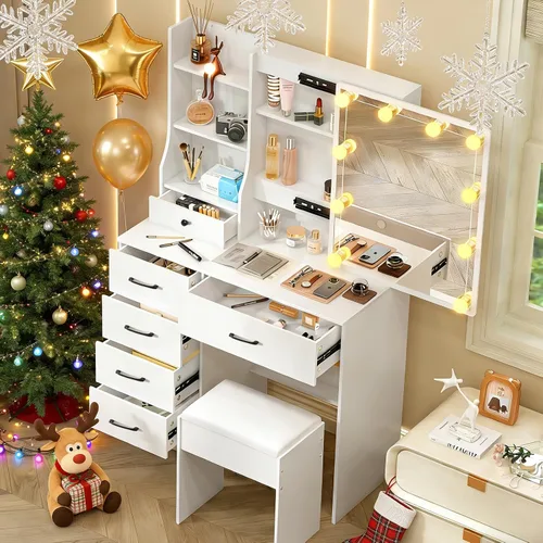 Miniatura 13 de Escritorio blanco cálido con espejo iluminado LED, mesa de tocador de maquillaje con armario izquierdo iluminado, 6 cajones y taburete, tocador