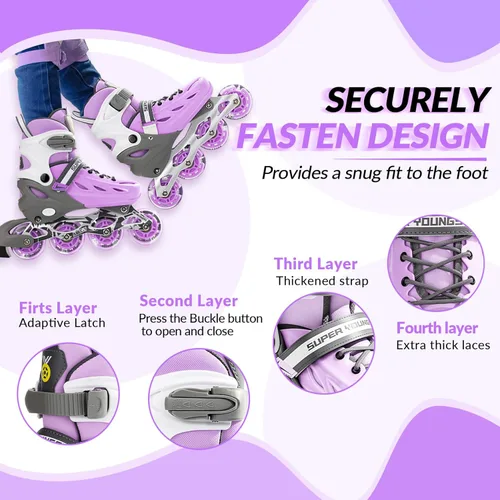 Miniatura 4 de SUPER YOUNGSTER Patines en línea ajustables para niños y niñas de 4 a 12 años con ruedas iluminadas, patines en línea para niños y niñas Púrpura