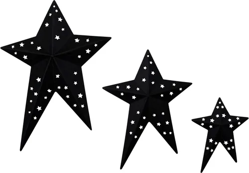 CVHOMEDECO. Primitives - Juego de 3 estrellas de granero de metal perforadas rústicas para pared, coronas, ramitas, 8/6/4 pulgadas, color negro
