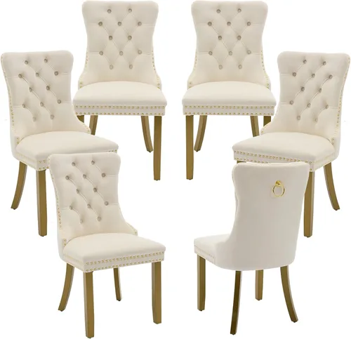 Miniatura 13 de LKTART Juego de 2 sillas de comedor de terciopelo, sillas de comedor copetudas con ribete de anillo de clavo, silla de comedor tapizada con patas