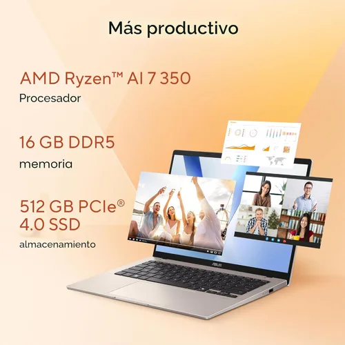 Miniatura 5 de ASUS Portátil Vivobook 14, Copilot+ PC, pantalla WUXGA de 60 Hz de 14 pulgadas, AMD Ryzen AI 7 350 con XDNA NPU, gráficos AMD Radeon, 16 GB de RAM