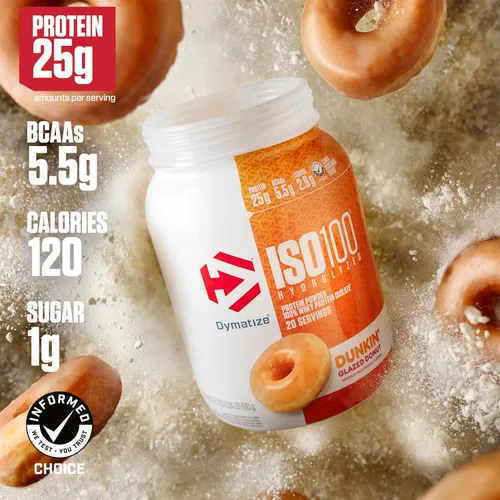 Miniatura 3 de Dymatize x Dunkin' Glazed Donut ISO100 Proteína de suero en polvo, 0.88 oz de proteína, 0.19 oz de BCAA, 120 Cal., Sin gluten, 0.04 oz de grasa
