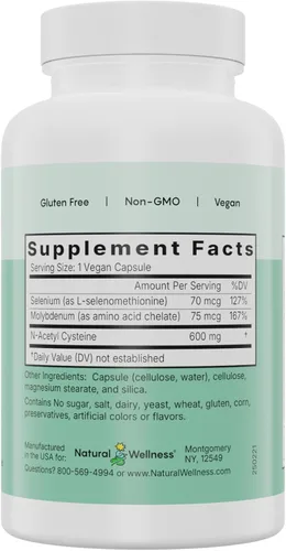 Miniatura 3 de Natural Wellness NAC Plus - Suplemento NAC con selenio y molibdeno para desintoxicación hepática, apoyo antioxidante y aumento de glutatión