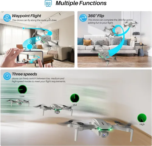 Miniatura 5 de SIMREX Dron con cámara para niños principiantes y adultos – Cuadricóptero RC plegable con retención de altitud, posicionamiento de flujo óptico, Gris