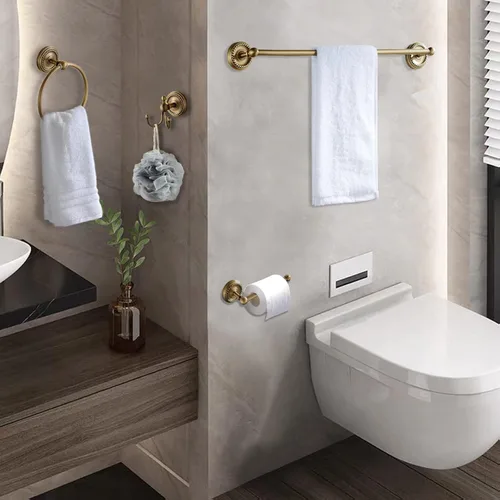 Miniatura 4 de Juego de 4 accesorios de baño de latón antiguo dorado – Toallero de 24 pulgadas, accesorios de baño de latón antiguo – Juego de accesorios de baño
