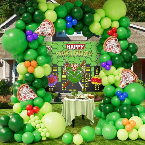 Miniatura 4 de Kit de arco de guirnalda de globos de tortuga verde, globos de látex verde jungla con globo de Mylar de papel de aluminio de pizza para caricaturas