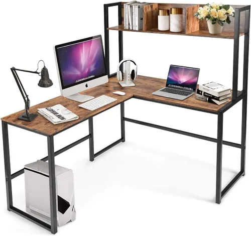 Miniatura 10 de MEDIMALL Escritorio en forma de L con estante de almacenamiento, escritorio esquinero reversible, mesa de juegos con marco de metal resistente