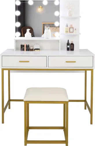 Miniatura 2 de Henf Escritorio negro con espejo y luces, mesa de tocador de maquillaje, 2 cajones y 3 estantes de almacenamiento, tocador de dormitorio