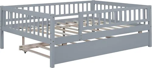 Miniatura 7 de P PURLOVE Sofá cama baja tamaño matrimonial con nido, marco de sofá cama de madera con barandillas de valla, marco de sofá cama de tamaño completo