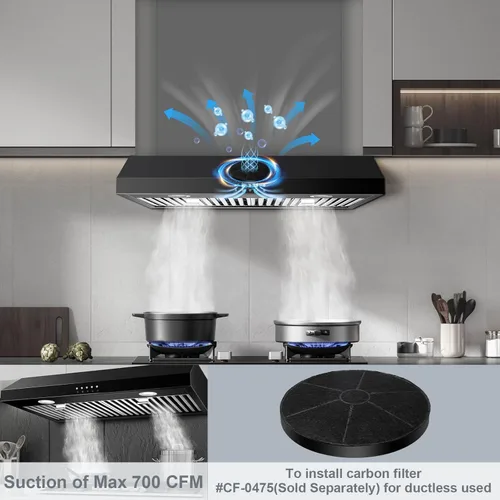 Miniatura 3 de SNDOAS Campana extractora bajo gabinete de 30 pulgadas, campana extractora negra con acero inoxidable 430 pintado con spray, ventilador de 3