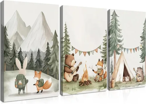 Miniatura 10 de Juego de 3 Arte de Pared de Animales del Bosque, Lienzo de Decoración de Pared con Imágenes de Animales Salvajes para Guardería, Lindo Póster