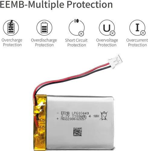 Miniatura 5 de EEMB Paquete de 4 Baterías de Polímero de Litio 3.7V 1100mAh 603449 Lipo Recargable con Conector JST para Altavoz y Dispositivo Inalámbrico