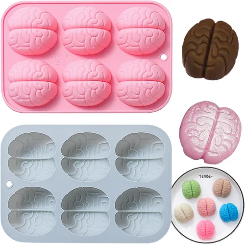 Molde de silicona de caramelo de chocolate para Halloween Brain, molde en forma de cerebro 3D de 6 agujeros, molde de galletas de caramelo de