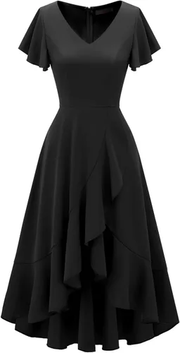 Miniatura 2 de DRESSTELLS Vestidos formales para mujer 2023 con volantes, cuello en V, vestido de cóctel, fiesta de té, vestido modesto de iglesia para invitados