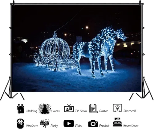 Miniatura 3 de Yeele Fondo de fotografía de carruaje de calabaza de 12 x 8 pies, luces de ensueño, caballos, noche de nieve, fondo fotográfico para princesa