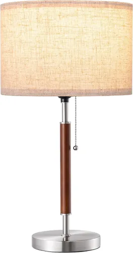 Miniatura 8 de EDISHINE Lámpara de mesa de mediados de siglo, lámpara de noche con interruptor de cadena con pantalla de lino, poste de madera maciza y base