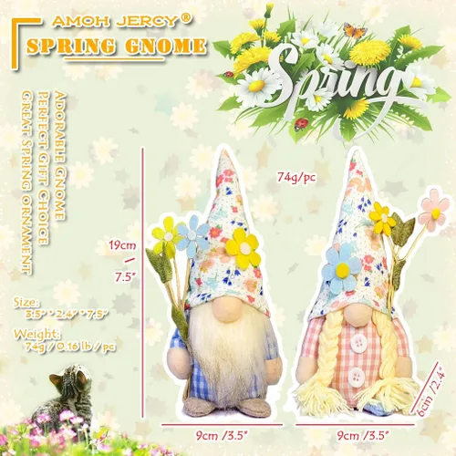 Miniatura 5 de 2 piezas de decoración de gnomos de primavera y verano, exquisito tamaño más pequeño de 7.5 pulgadas, decoración de gnomo de primavera y verano