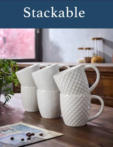 Miniatura 3 de Tazas de café de cerámica en relieve de 14 onzas, juego de 6, tazas de café de cerámica con textura artesanal, aptas para microondas y lavavajillas