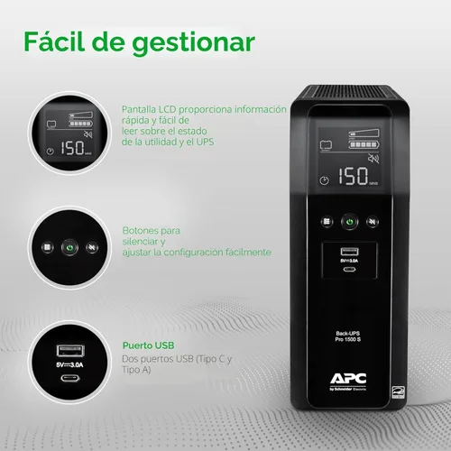 Miniatura 5 de APC Back-UPS Pro Sine Wave UPS, 1500VA/900W, compatible con PFC activo, AVR, LCD, 10 tomacorrientes, puerto de carga USB-C BR1500MS2 Fuente