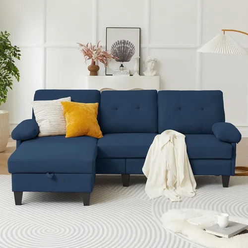 Miniatura 8 de Sofá modular convertible de 84 pulgadas, moderno sofá pequeño en forma de L de tela de lino con diván reversible, sofá de 3 asientos para sala