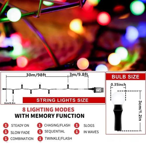 Miniatura 2 de Meteds - Luces LED de Navidad para exteriores, 300 LED, 32 m, 8 modos, luces de globo enchufables y conectables impermeables para decoraciones