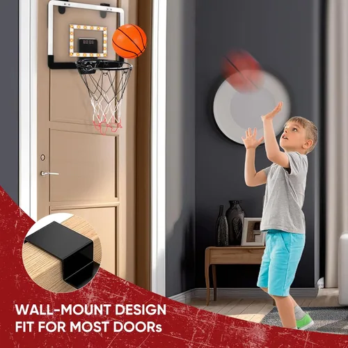 Miniatura 4 de Mini aro de baloncesto interior para niños para puerta pared habitación con 3 bolas marcador electrónico