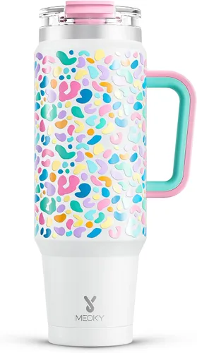 Miniatura 25 de Meoky Vaso de 40 onzas con asa y pajita, vaso aislado con tapa y popote, taza de viaje de acero inoxidable, mantiene el frío durante 34 horas, 100%
