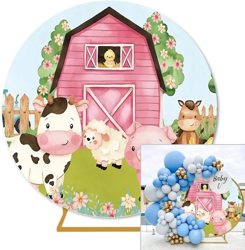 Telón de fondo redondo de 3 x 3 pies para fotografía de animales de granja de granero, cubierta redonda para niños, fiesta de dibujos animados,