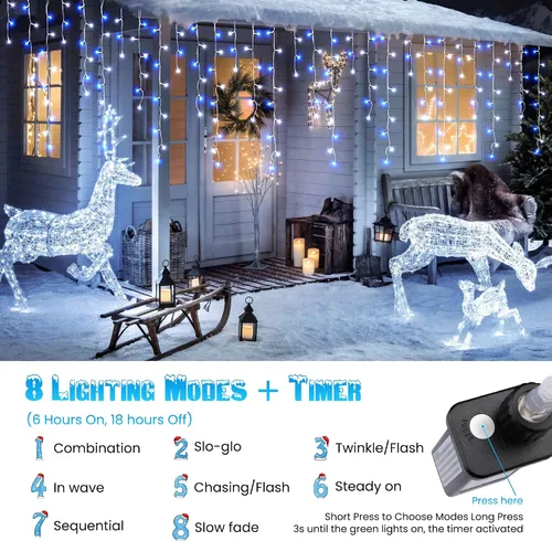 Miniatura 2 de Toodour Luces de Carámbano de Navidad Blancas y Azules, 29.5 pies, 360 Luces LED de Carámbano, 8 Modos, 60 Gotas, Luz LED de Navidad para Cortina