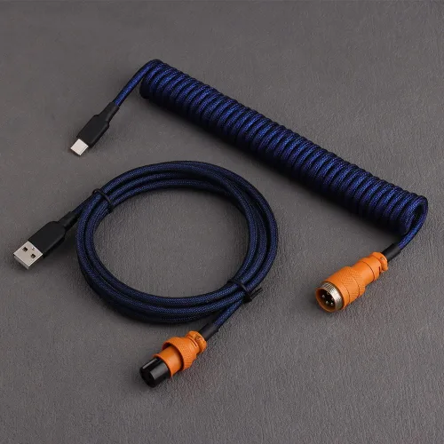 Conector de aviador desmontable de doble manga Cable USB-C en espiral para teclados mecánicos de juegos personalizados (color: azul oscuro naranja)
