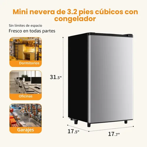 Miniatura 2 de Mini refrigerador con congelador, mini refrigerador de 3.2 pies cúbicos, refrigerador pequeño para bebidas con termostato ajustable