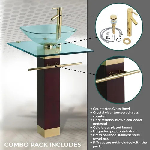Miniatura 5 de Renovators Supply Manufacturing Bohemia Combo de Lavabo de Pedestal de Vidrio Moderno Encimera de Vidrio Templado Cristalino Transparente Tocador